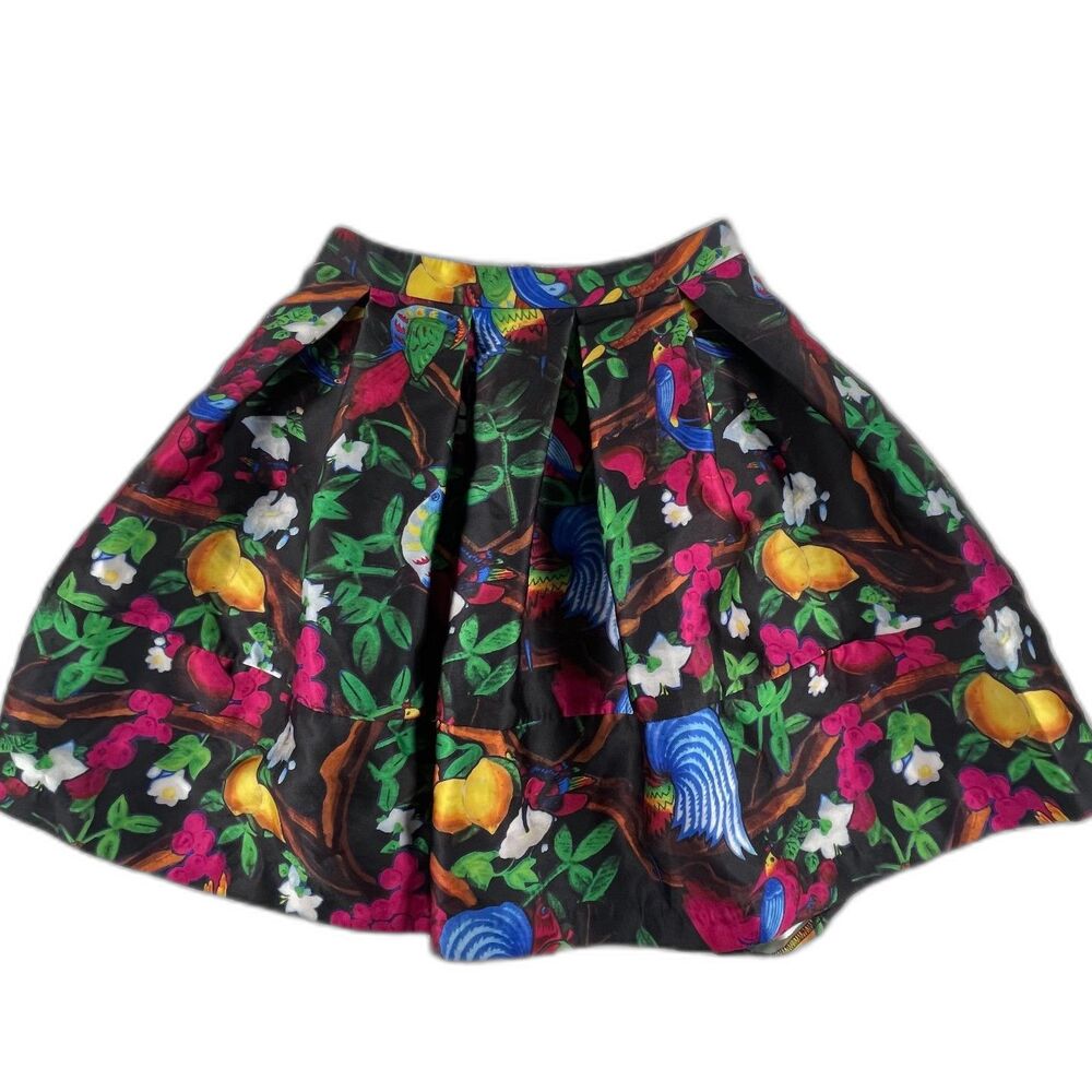 CC & DD Bird Print A-Line Skirt Pleated Jacquard Lining Tropical Size 26 2 or 4